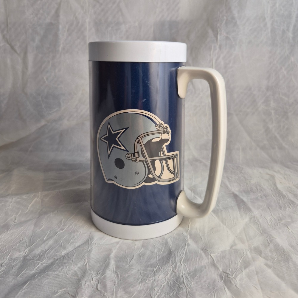 VINTAGE Dallas Cowboys NFL Thermo-Serv Insulated Plastic Mug Navy Blue Silver
